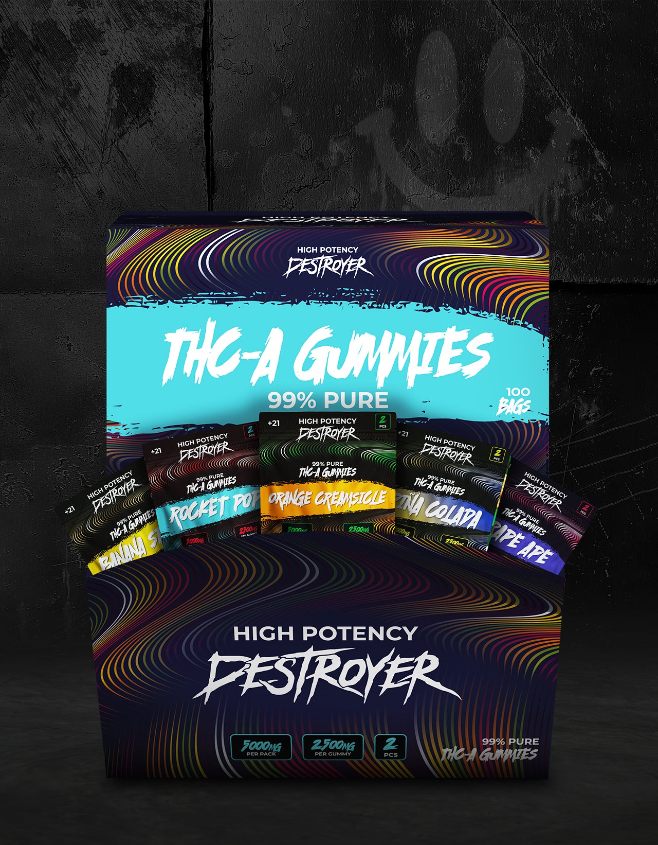 THC A Gummies 100CT Box: Rocket Pop, Banana Split, Orange Creamsigle, Piña Colada, Grape Ape