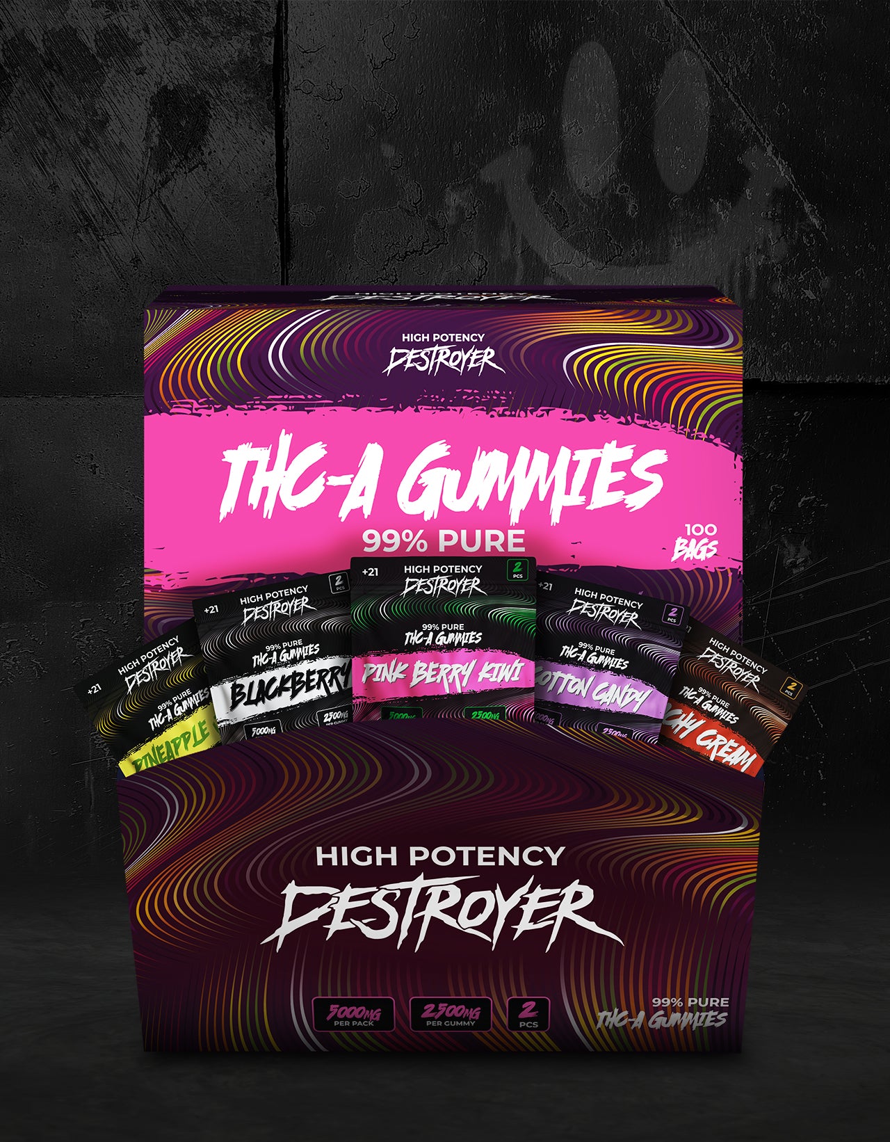 THC A Gummies 100CT Box: Blackberry, Pineapple Juice, Pink Berry Kiwi , Cotton Candy, Peach Cream