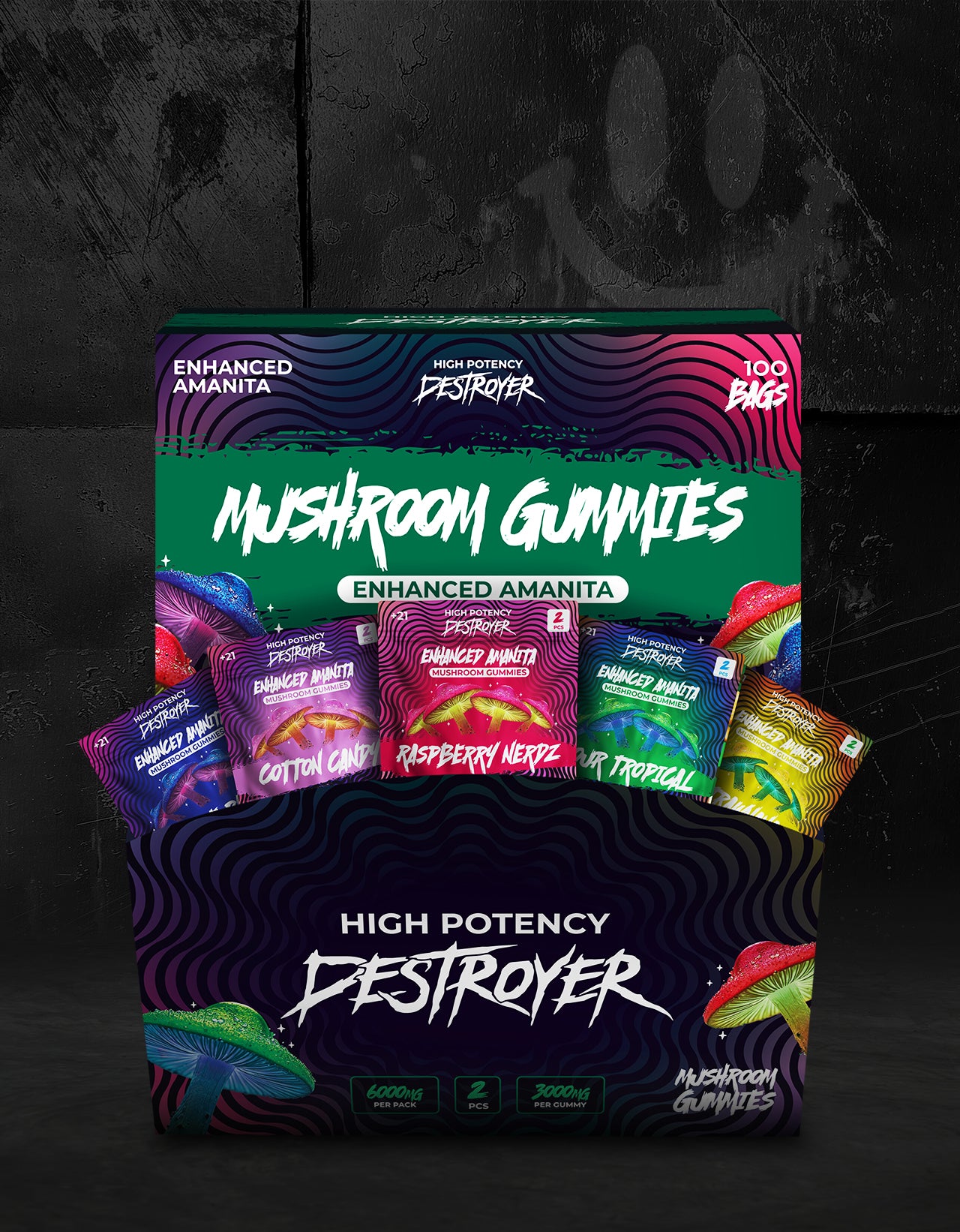 Mushroom Gummies 100CT Box: Sour Tropical, Blue Razz, Cotton Candy, Raspberry Nerdz, Strawnana