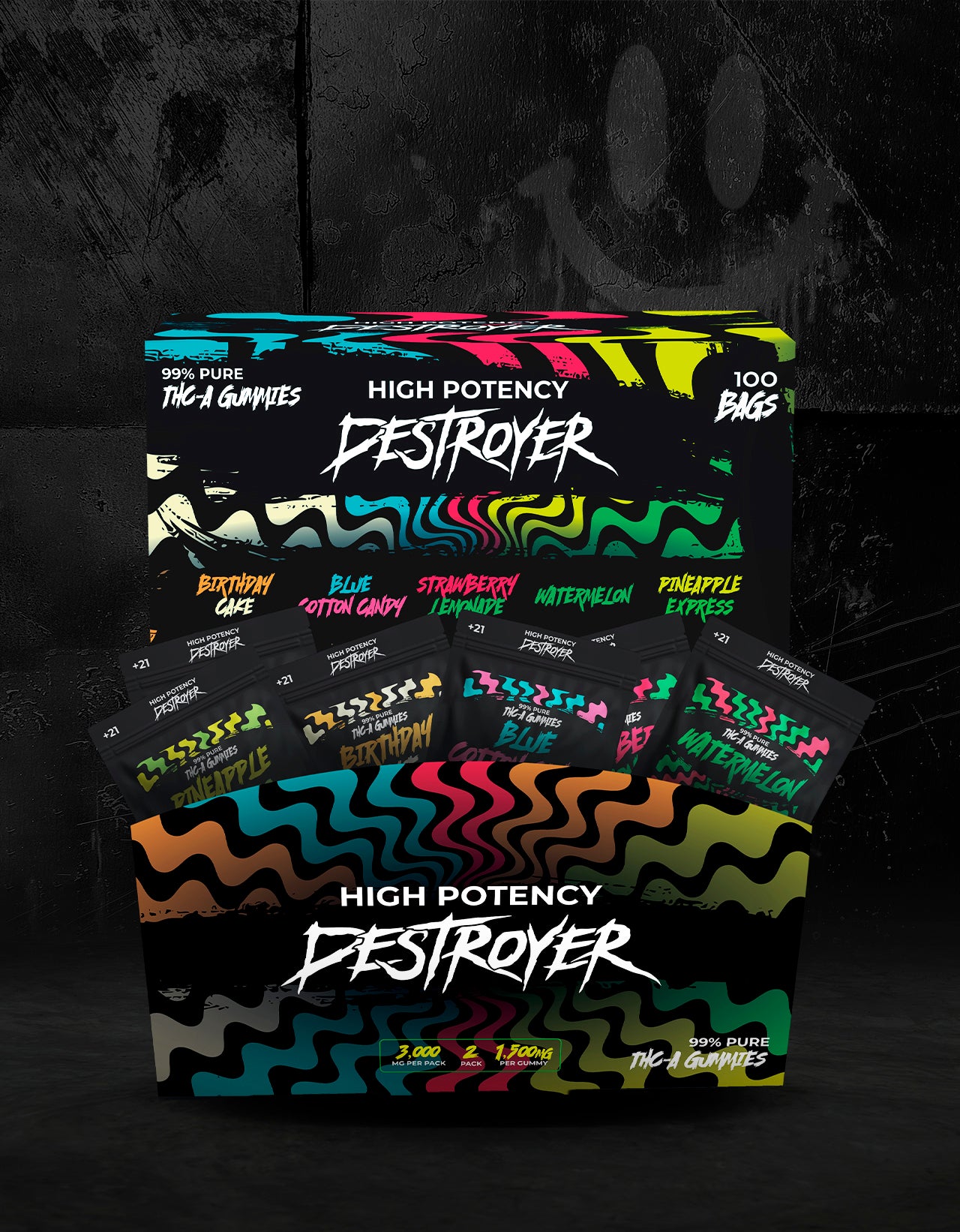 THC A Gummies 100CT Box: Birthday Cake, Watermelon, Strawberry Lemonade, Pineapple Express, Blue Cotton Candy