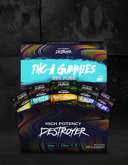 THC A Gummies 100CT Box: Rocket Pop, Banana Split, Orange Creamsicle, Piña Colada, Grape Ape