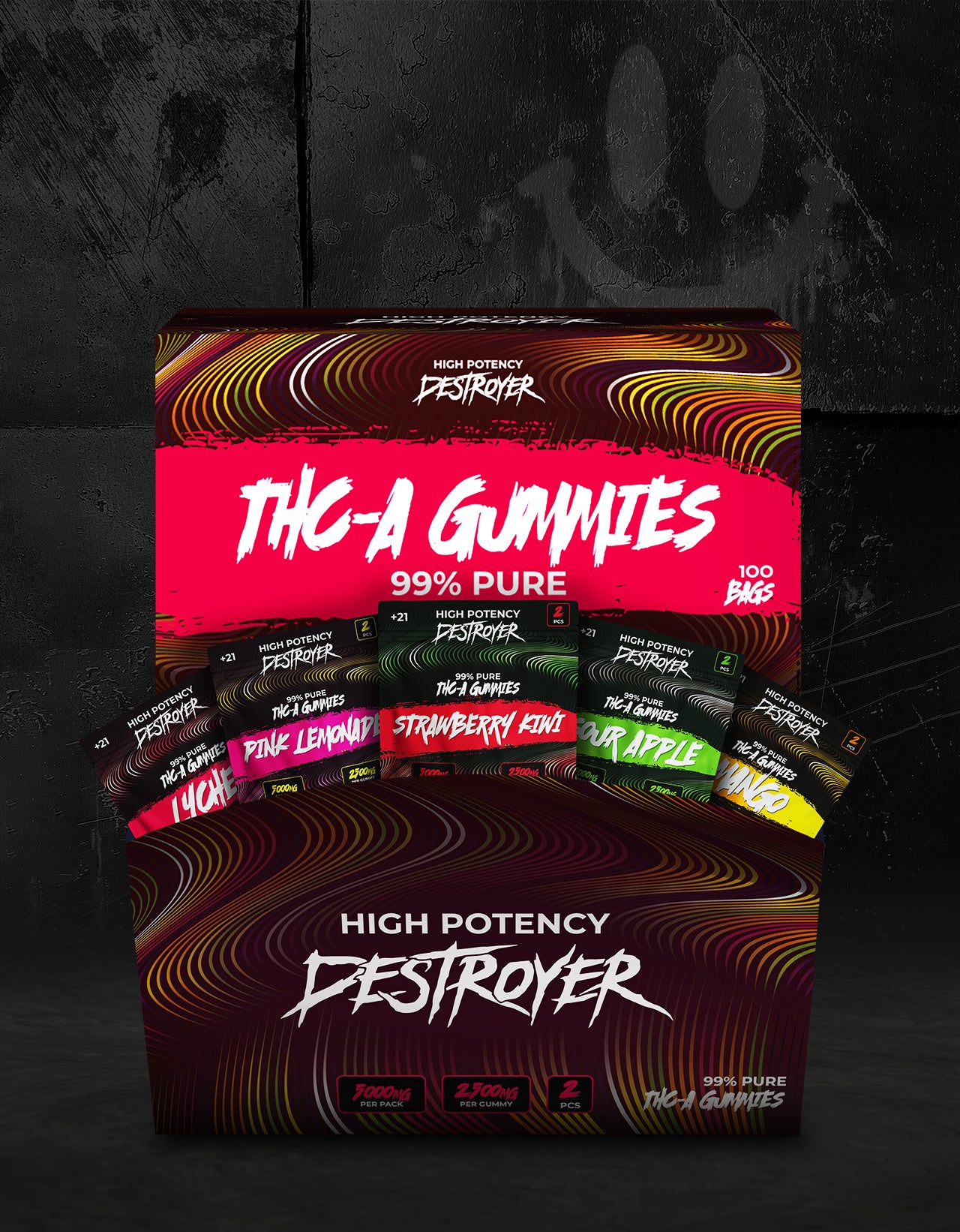 THC A Gummies 100CT Box: Pink Lemonade, Lychee |&nbsp; Strawberry Kiwi, Sour Apple, Mango